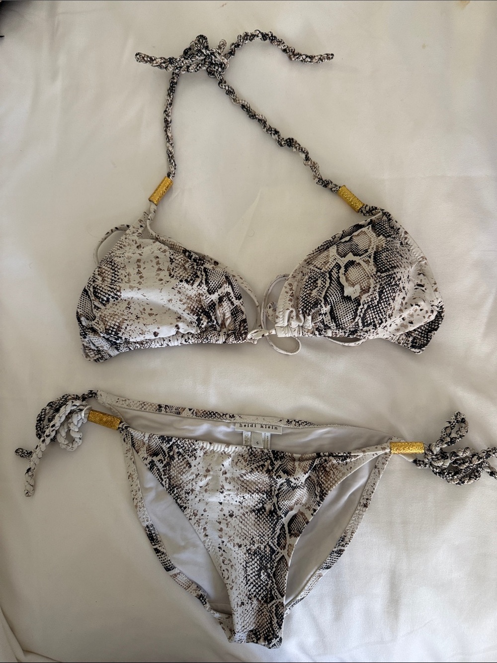 Heidi Klein Snake Print Tie Bikini in Beige and Black with Gold Accents